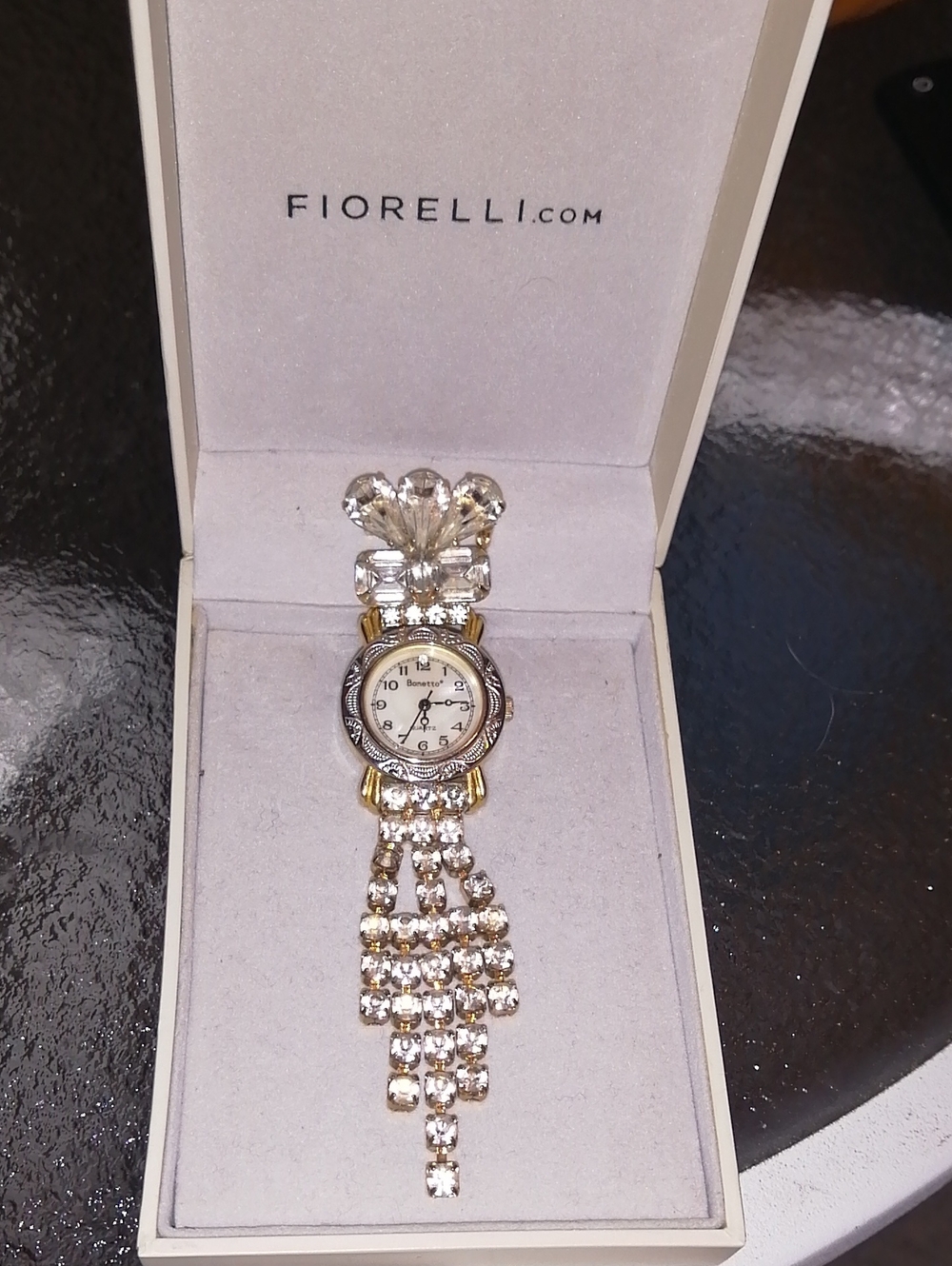 Bonetto Crystal Cascade Vintage Brooch/Watch In Fiorelli Gift Box